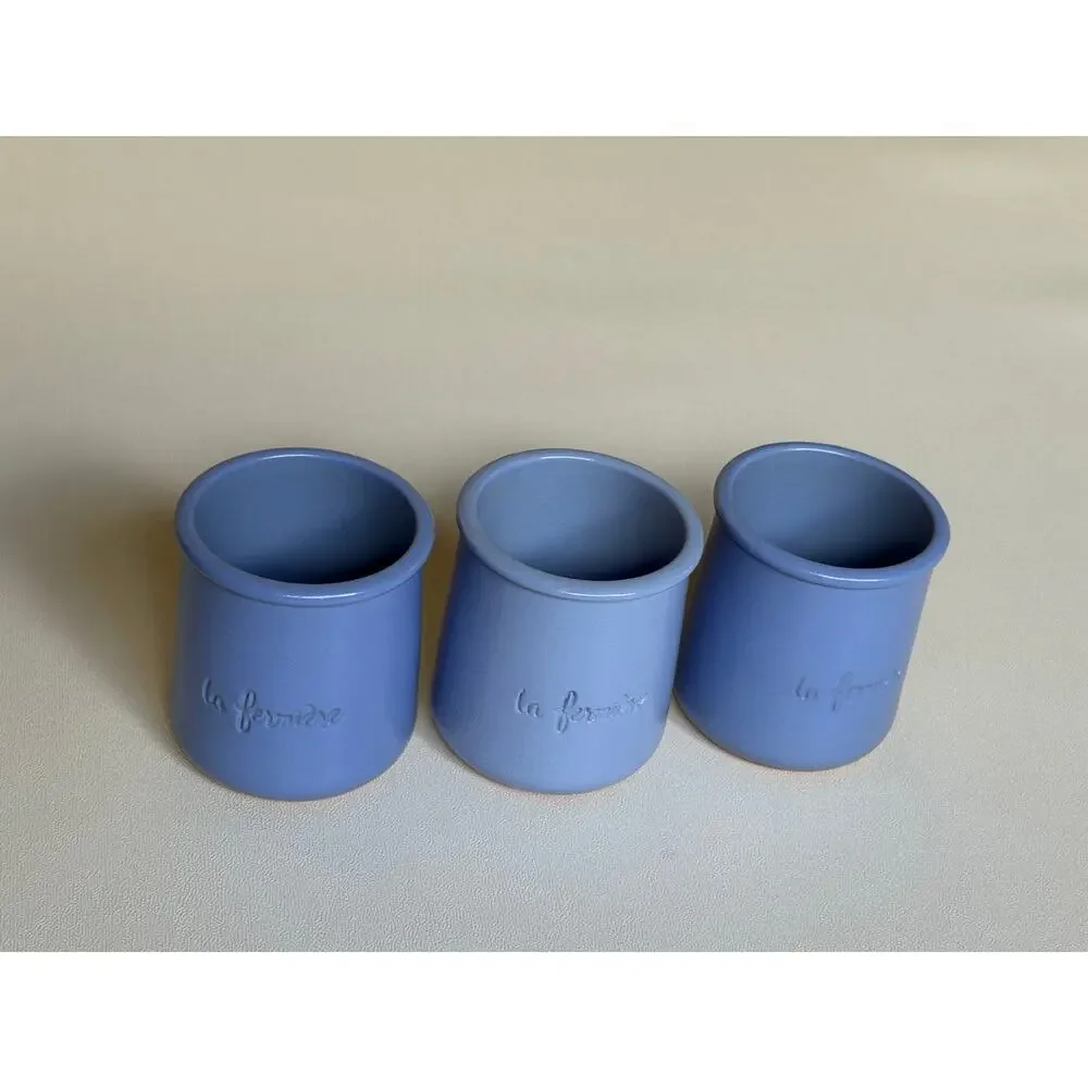 Set of 3 La Fermiere Blue French Terracotta Yogurt Pots Cups Clay Ramekins